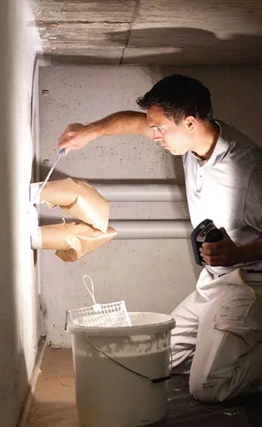 Un artisan éclaire un espace étroit et sombre avec la lampe de travail Festool dans une main et un outil dans l'autre.